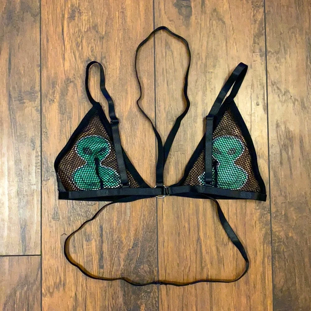 Fishnet Green Alien Patch Triangle Rave Top - Picture 4 of 4